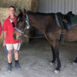 Two men and a horse standing in front of bale of hay